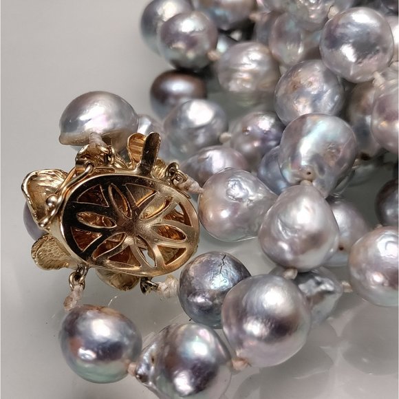 2 Strand Grey South Sea Baroque Saltwater Pearl 14k Yellow Gold Necklace 101g - Picture 6 of 7